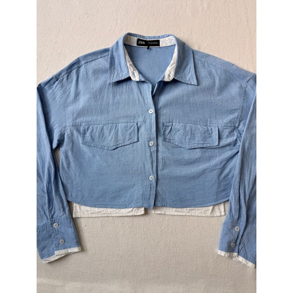 Zara Blue Cropped Button Front Cotton Utility Shirt Women's Small